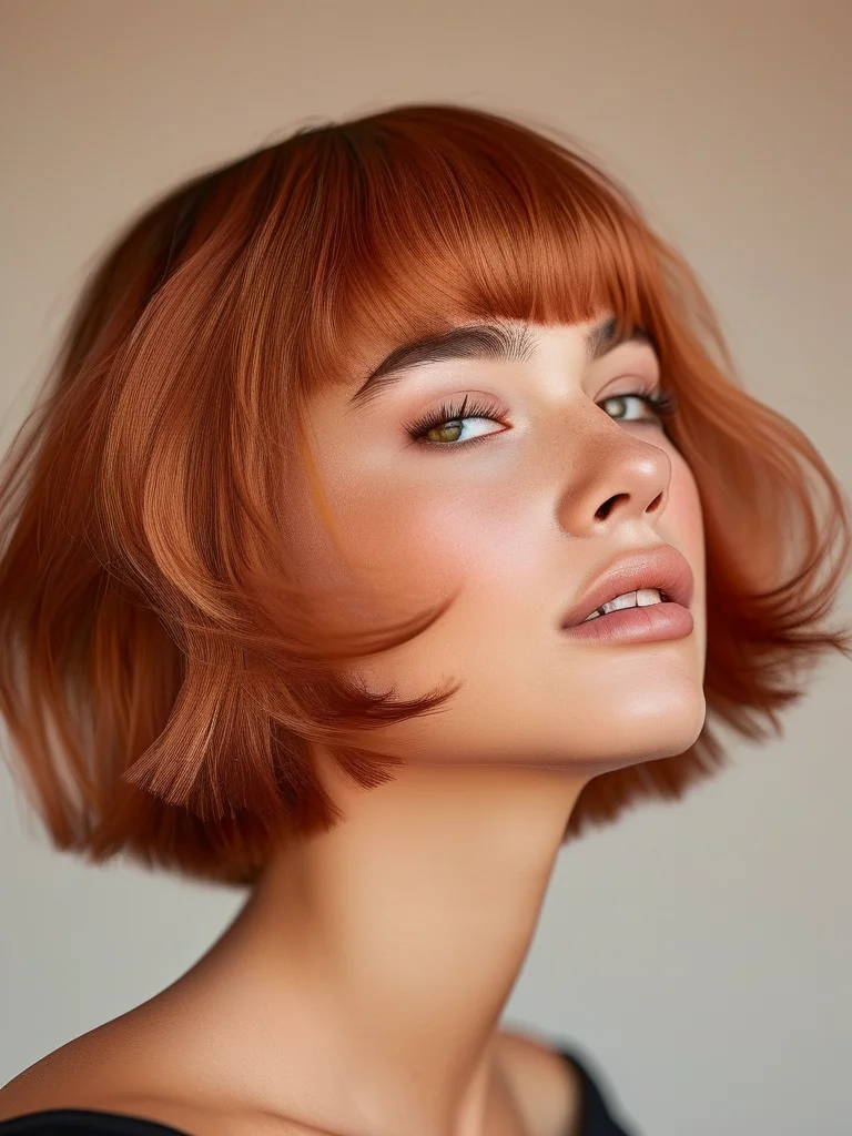 A vibrant copper shaggy bob with feathered, textured face-framing layers is illuminated by soft natural light, highlighting the rich hair color.