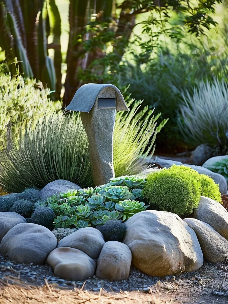 A drought-tolerant mailbox garden with a stone mailbox, surrounded by grey and white stones and various succulents in shades of green, blue, and purple, under bright, sunny lighting.