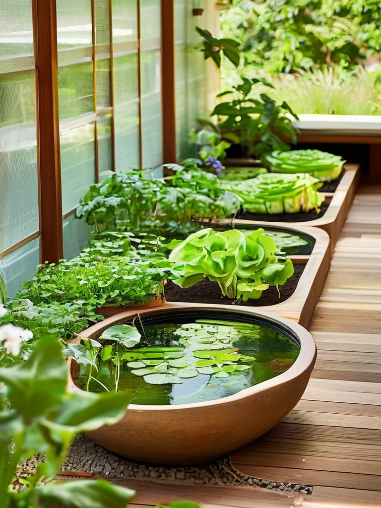 A productive backyard edible water garden integrated into raised beds, showcasing watercress, water chestnuts, and taro with surrounding herbs.