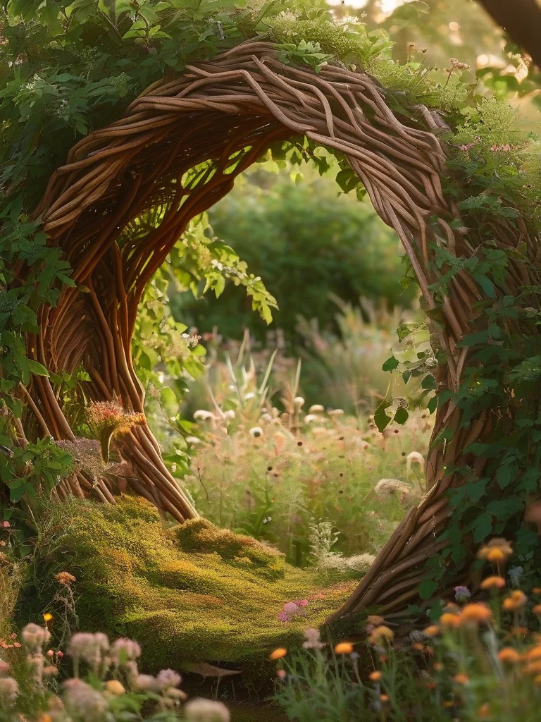 A magical garden enclosed by a handcrafted living willow fence, its woven branches forming a natural barrier around an abundance of vibrant plant life.