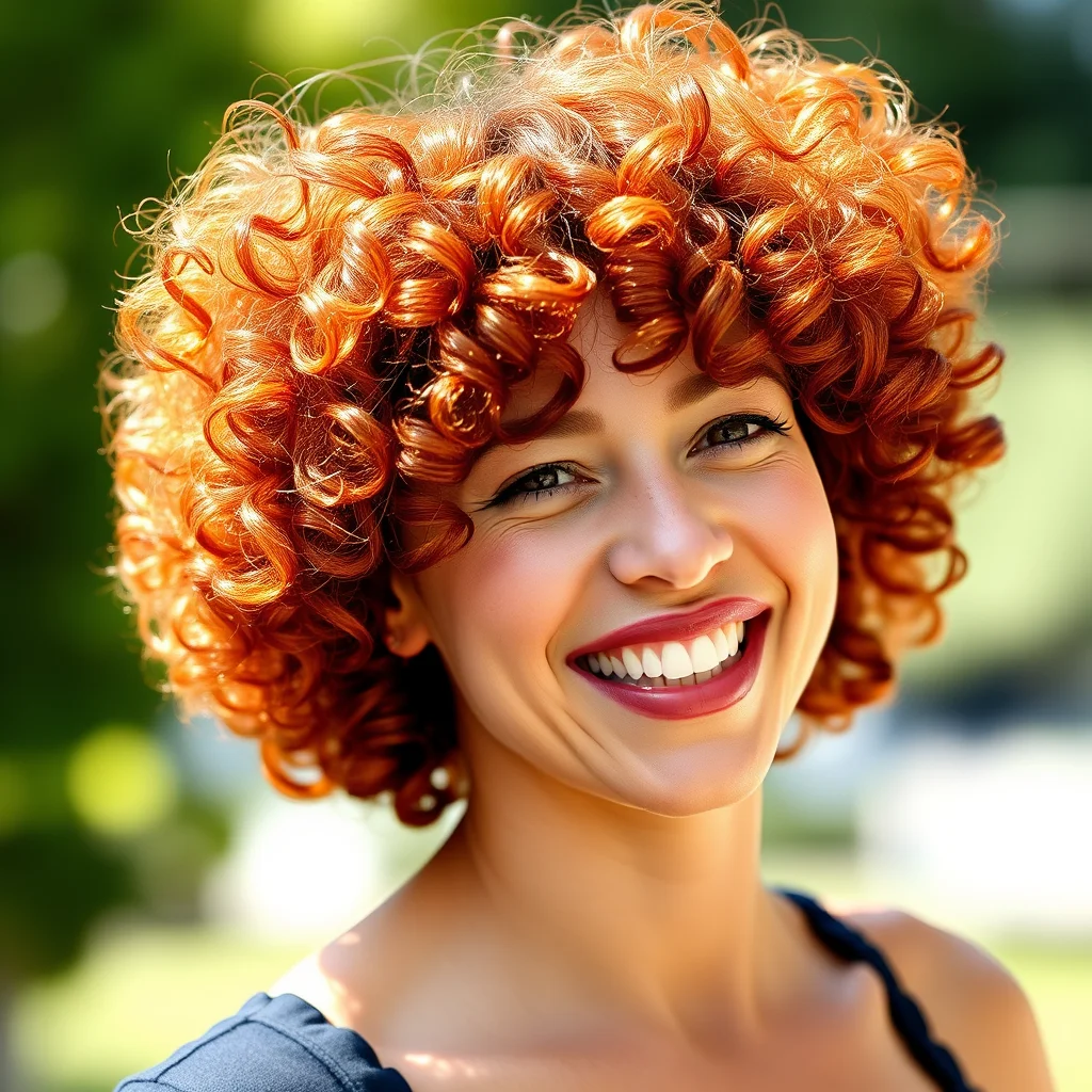 A cheerful portrait of a woman with vibrant, naturally curly red hair. Her hair is styled into a voluminous wolf cut, with defined curls and varying layers that create impressive shape and lift, framed by soft curly bangs under bright natural daylight.