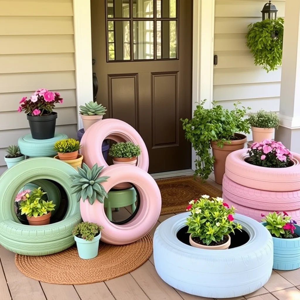 A welcoming front porch adorned with various potted plants housed in pastel-painted tires, creating a colorful and charming entryway.
