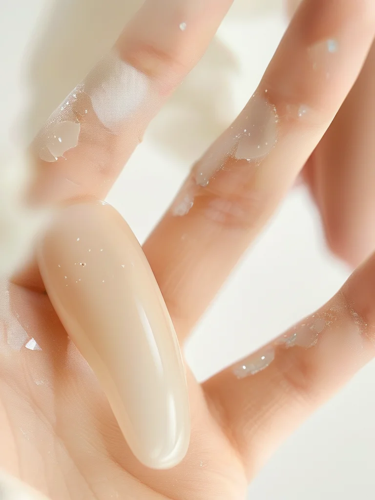 Almond nails featuring a milky white translucent gel with suspended pieces of shimmering mother-of-pearl, creating a natural, organic effect.