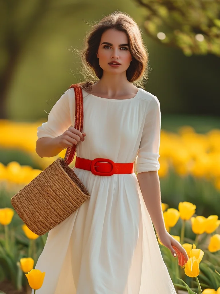 A woman demonstrates a chic tulip farm outfit featuring a classic white midi dress with a bright red belt and espadrille sandals, standing in a field of yellow and red tulips.