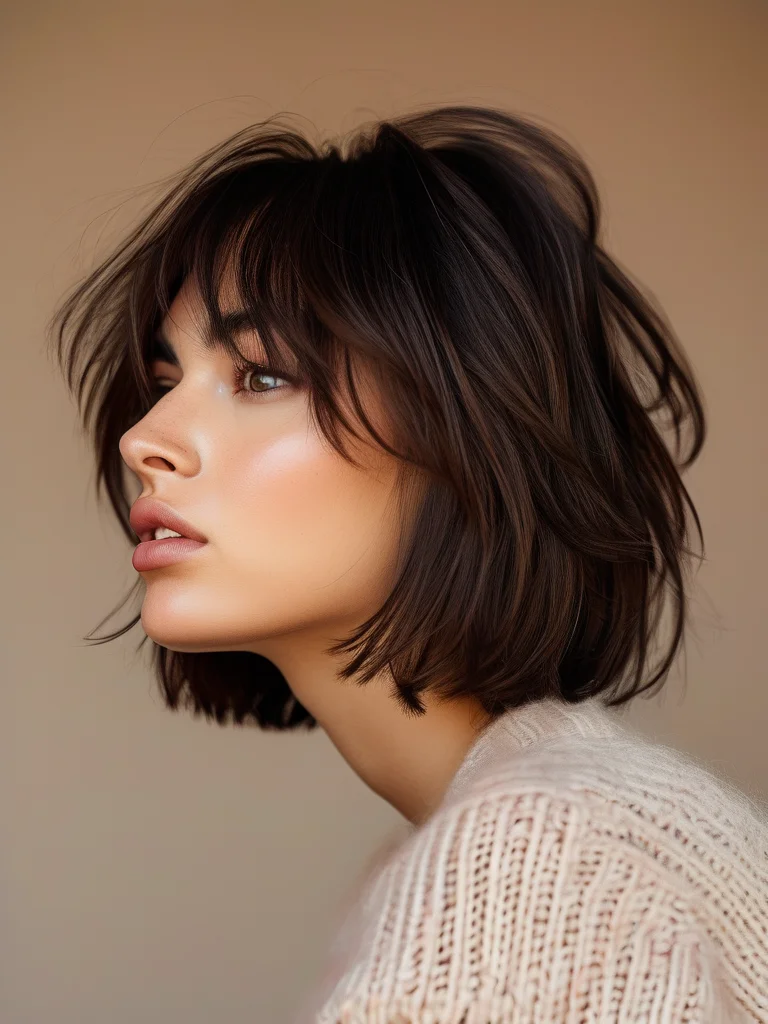 A woman with a chic shaggy bob featuring blunt ends and subtle internal layering in a deep brunette shade.