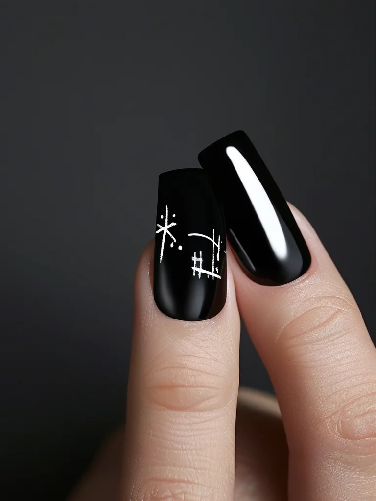 15+ Chic Back to School Nail Art Ideas for a Stylish Return 5 Close-up of short, matte black square nails, with a tiny white chalk-like star doodle on the ring finger, creating a sophisticated blackboard effect.