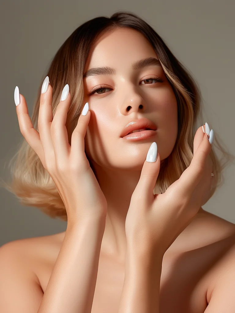 Medium-length coffin nails showcasing a beautiful, glossy ombré effect that blends from soft peach near the cuticle to milky white at the tips.