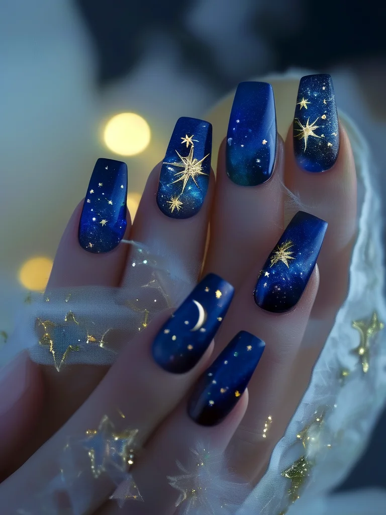 A woman's almond nails painted a deep, glossy midnight blue, embellished with delicate gold foil flakes and tiny hand-painted silver stars and crescent moons, creating a stunning celestial design reminiscent of a magical night sky. The intricate details are finely executed.
