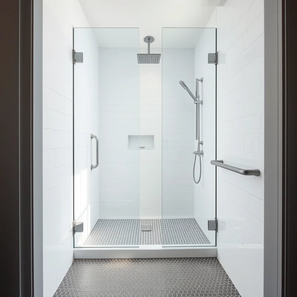 A modern small bathroom featuring a spacious-looking walk-in shower enclosed with clear, frameless glass panels, creating an open and airy feel. The shower area is adorned with large format white tiles on the walls and a contrasting darker grey mosaic on the floor, complete with a contemporary linear drain and a rainfall showerhead, all bathed in soft natural light.