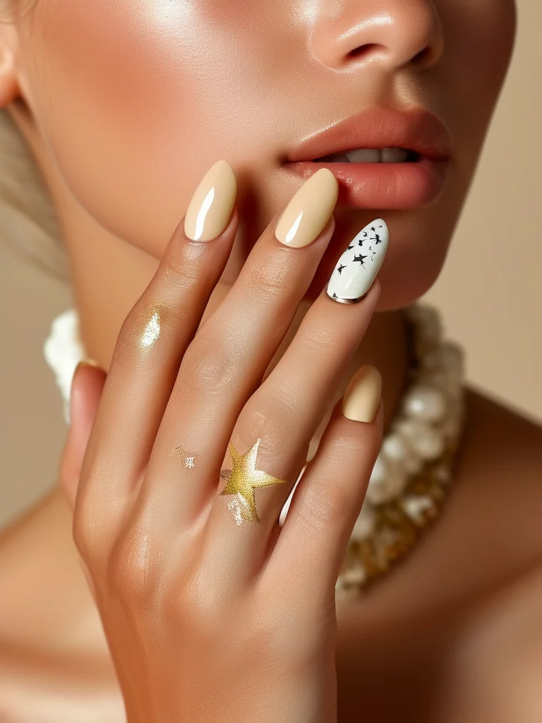 A macro close-up of a woman's impeccably manicured short square nails, painted with a matte sandy beige base. An accent nail on each hand is adorned with delicate gold glitter flecks and a small, intricately hand-painted white starfish design, evoking a subtle beach aesthetic.