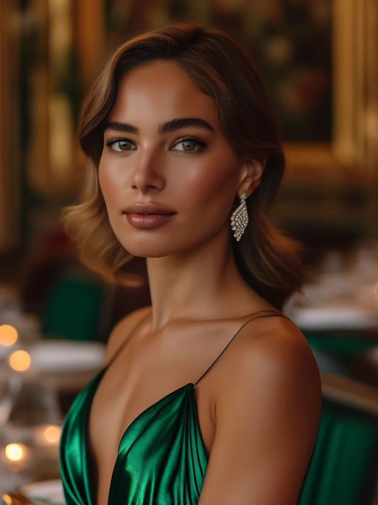25+ Stunning Maxi Skirt Outfit Ideas You Need To Try Now 5 A glamorous woman in her late 20s poses in a luxurious evening setting, modeling a stunning outfit. She wears a shimmering emerald green silk maxi skirt with a high slit, a fitted black sequin crop top, and strappy black high heels. Her look is elevated with a statement clutch and dangling diamond earrings, all under dramatic, soft-focus lighting.