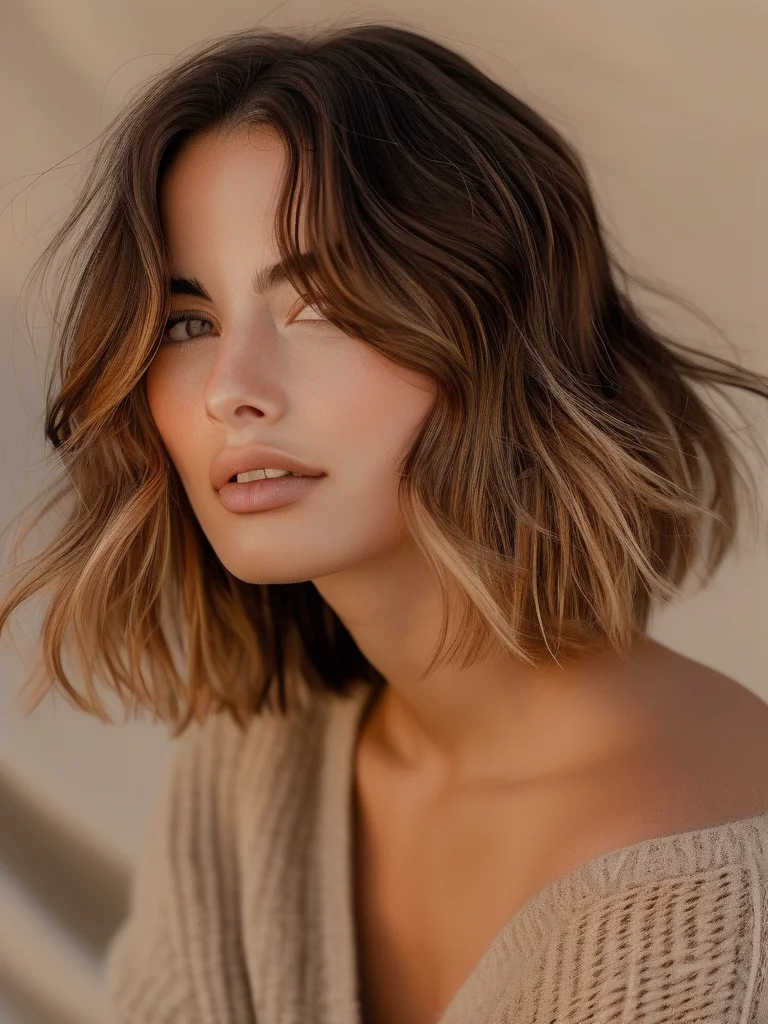 21 Irresistible Chocolate Brown Hair Colors & Styles for a Rich Look 5 A woman with shoulder-length, textured hair, showing subtle auburn chocolate highlights intricately woven through a rich medium chocolate brown base, catching the golden hour light to reveal their warmth.