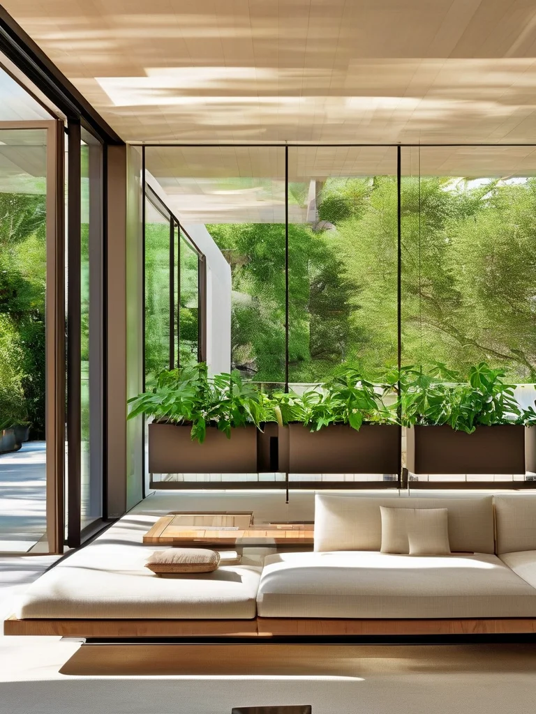 15+ Genius Drainage Ideas to Transform Your Home & Garden 5 A sun-drenched modern living room with large sliding glass doors opening onto a balcony, where sleek, custom-built metal planter boxes with integrated, discreet drainage are arranged. Vibrant green plants cascade from the planters, adding a lush touch to the minimalist interior with warm wood flooring, all illuminated by abundant natural light.