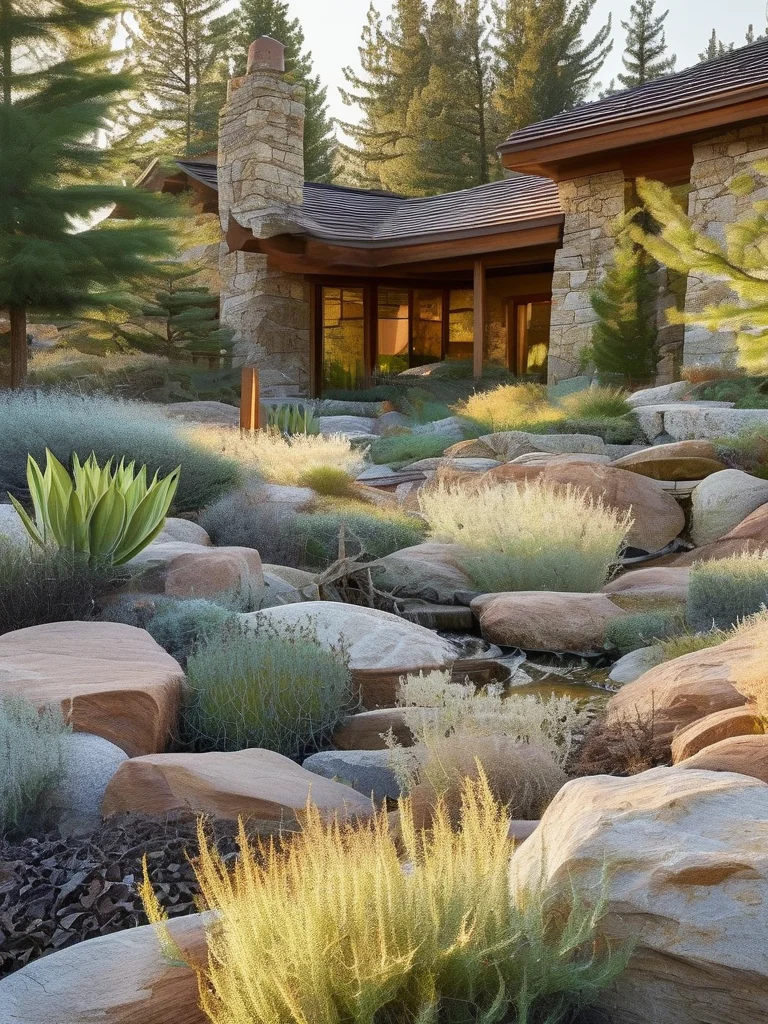 A resilient, low-maintenance front yard featuring a striking arrangement of various sized rocks and boulders, interspersed with drought-tolerant sedums, ground cover, and small evergreens. A decorative dry creek bed winds through the landscape, complementing the rustic stone facade of the house under bright, direct sunlight.