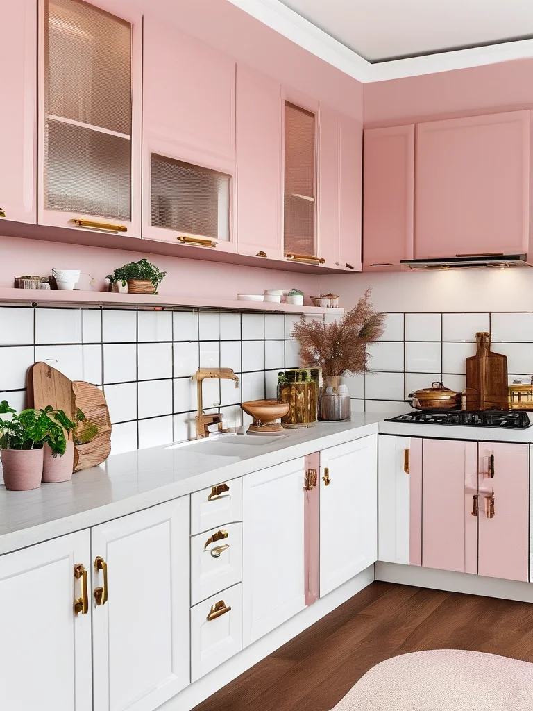 A modern kitchen featuring matte light pink cabinets, white countertops, brass hardware, and a white subway tile backsplash, creating a fresh and stylish look.