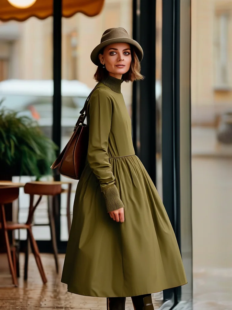 A woman presents a sophisticated summer rainy day outfit featuring a green water-resistant skirt, cream knit sweater, and brown ankle boots.