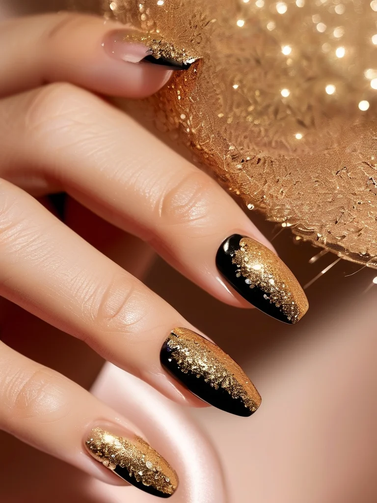Close-up of matte black coffin baddie nails with gold foil accents