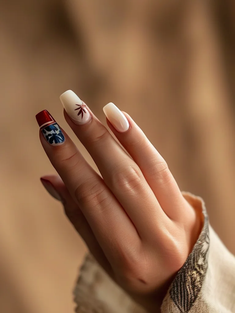 Short square nails with a clean, glossy ivory white base. Two accent nails display meticulously hand-painted red and navy bandana paisley patterns, creating a sophisticated Western-inspired manicure.