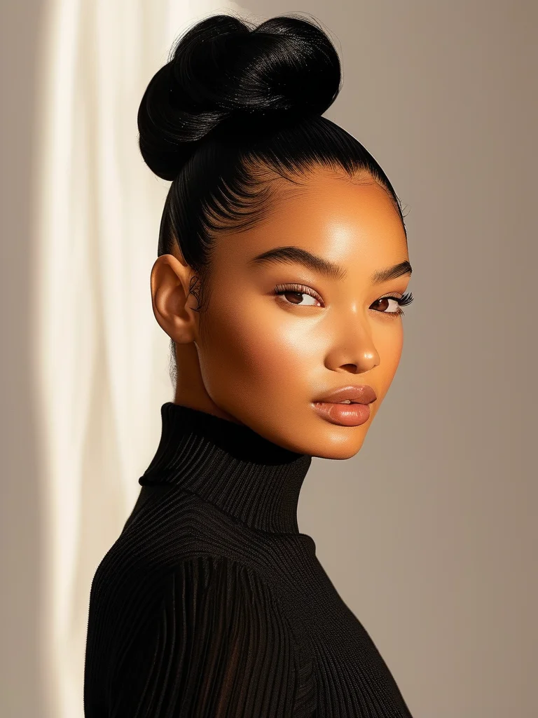 An editorial portrait capturing a woman with sleek, jet black hair styled into a high, polished ponytail. The hair appears smooth and vibrant, framing a naturally radiant face with minimal makeup, highlighting a sophisticated yet simple aesthetic.