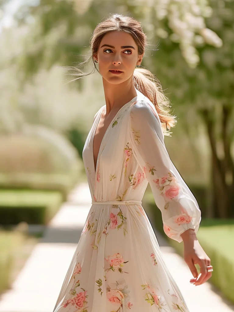 A woman gracefully twirls in a flowing white midi dress with a delicate pastel floral print, paired with clean white leather sneakers. Her hair is loosely tied back. The full-body editorial shot is bathed in soft spring sunlight against a botanical garden pathway.