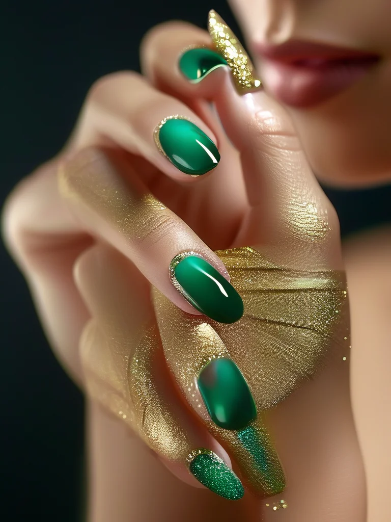 Glossy short square nails with vibrant emerald green and gold malachite marble design.