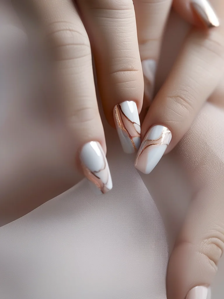 Glossy almond nails with abstract grey and rose gold marble art