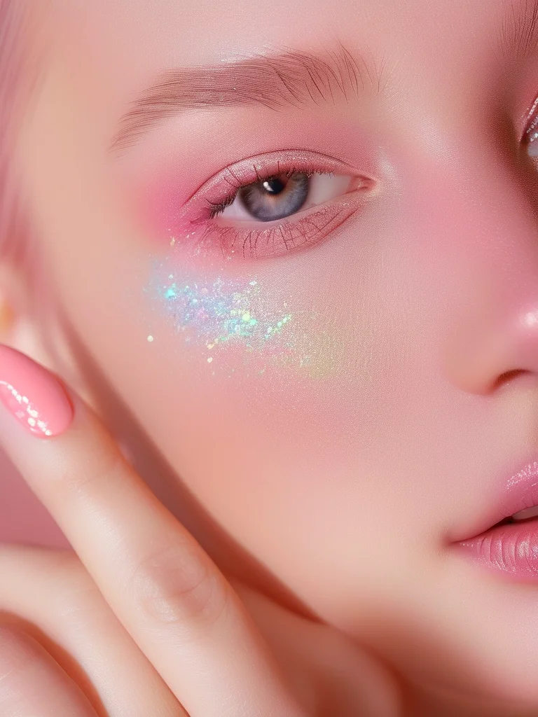 Macro view of stiletto nails with a milky pink to silver diamond dust ombré glitter.