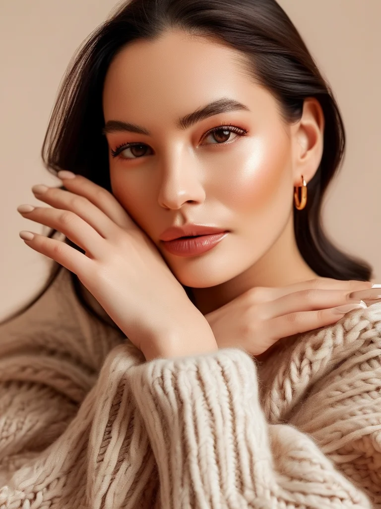 Impeccably manicured oval nails with warm nude beige polish and healthy cuticles, luxury setting.