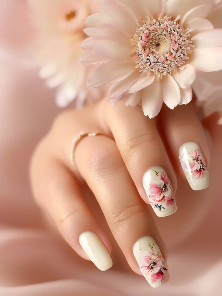 Close-up of vintage floral micro-art aesthetic squoval nails with off-white base and tiny flowers