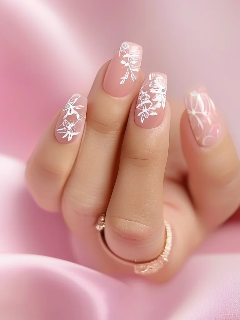 Pastel pink squoval nails with white and light pink floral accents