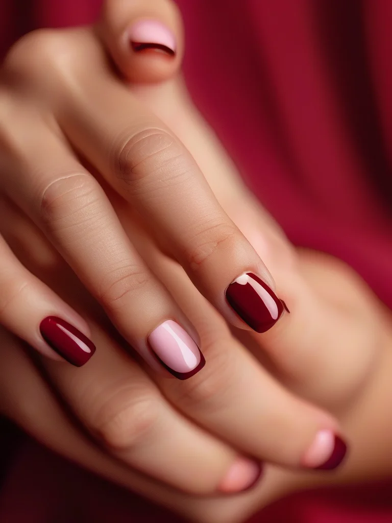 Almond nails with red velvet ombre design, burgundy to cherry.