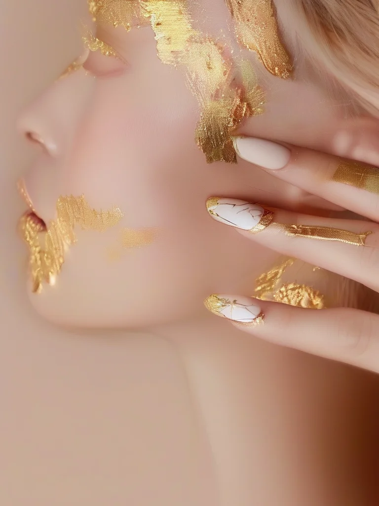 Square-oval nails with delicate gold Kintsugi fracture lines on a milky white base.