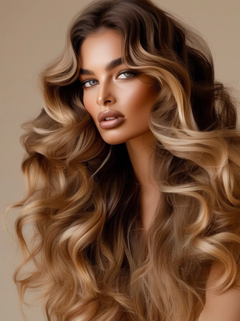 Woman with long, glamorous dark blonde wash and go curls, deeply side-swept with immense volume and shine.