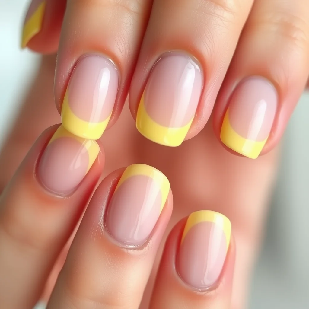 Almond nails with clear glossy base and ultra-fine pastel yellow micro French tips.