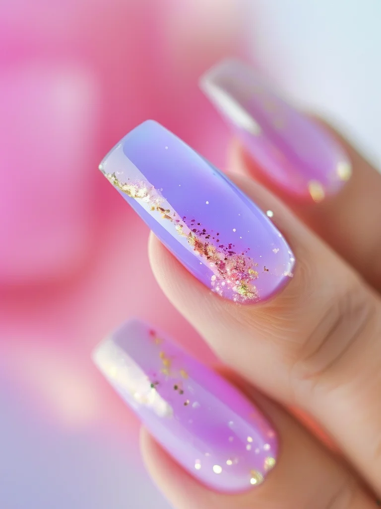 Sculpted 3D amethyst gemstone nails with gold leaf