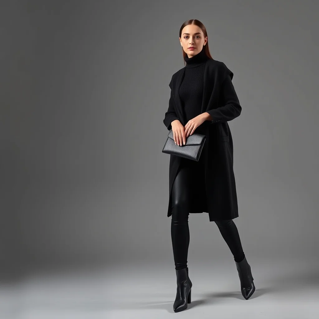 Woman in a monochromatic black outfit with perfect leggings, turtleneck, and long coat.