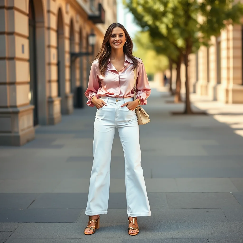 Woman in white wide-leg jeans and blush silk blouse, stylish casual Easter