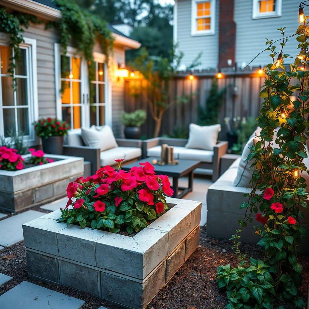 A charming backyard patio design where concrete block garden beds are seamlessly combined with comfortable built-in seating, illuminated by warm evening ambient light.