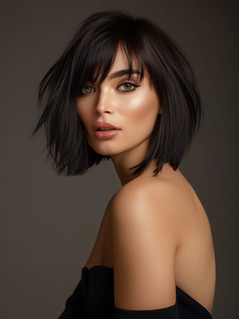 A stylish woman with an edgy, asymmetrical shaggy bob haircut featuring a shorter blunt side and textured longer layers on the other, under modern studio lighting.
