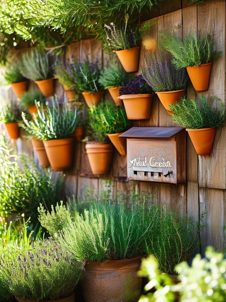 A mailbox corner transformed into a fragrant herb garden with pots of rosemary, thyme, lavender, and mint, adorned with a small wooden sign, under warm, inviting sunlight.