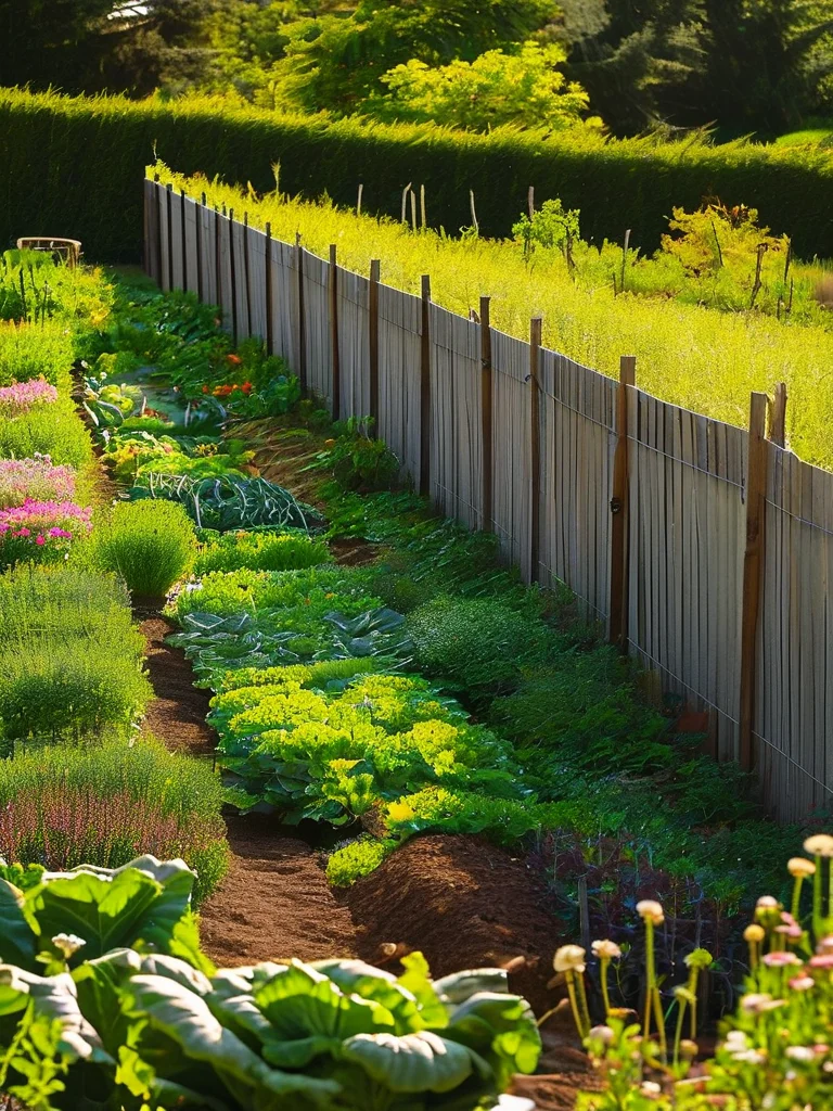 A bountiful vegetable garden enclosed by an 8-foot tall deer proof fence with an angled top, ensuring complete protection for the thriving crops.