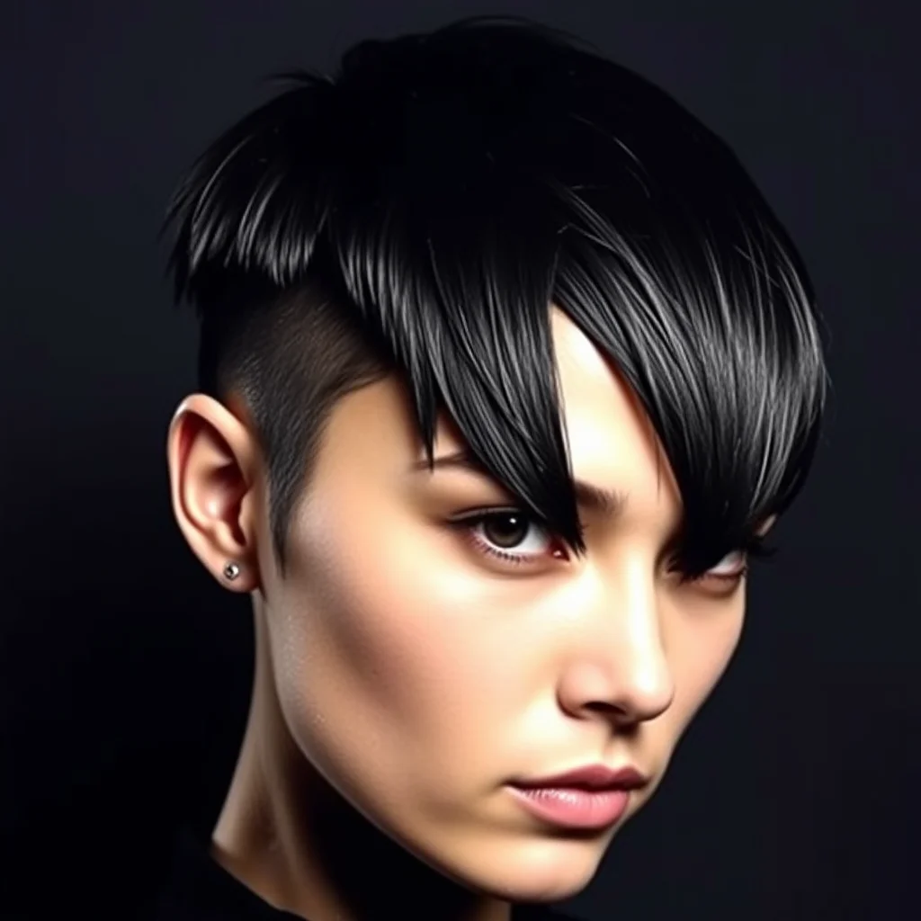 A striking portrait of a person with straight, jet-black hair in a sharp wolf cut, featuring dramatic disconnected layers and a bold micro fringe positioned just above the eyebrows, creating a high-fashion look under intense studio lighting.