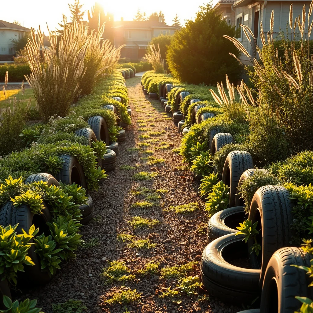 A garden path bordered by halved tires planted with ground cover, creating a distinctive and flowing edge illuminated by golden hour light.