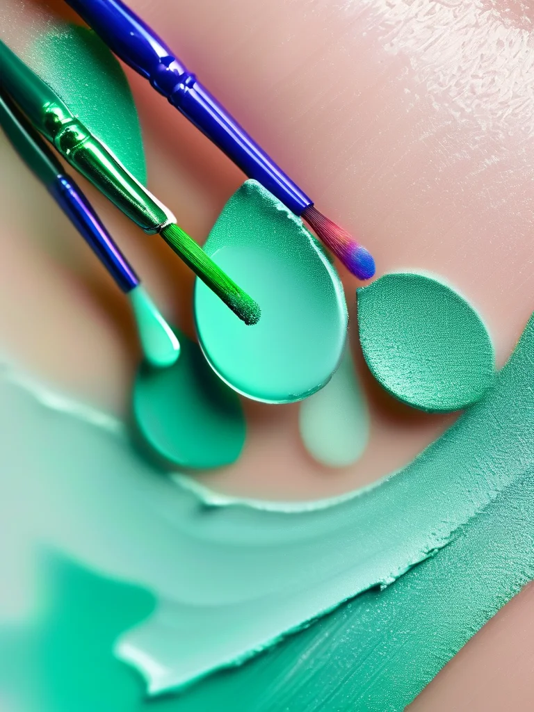 Extreme close-up of a white nail featuring dynamic abstract brushstrokes in blue, green, and coral.