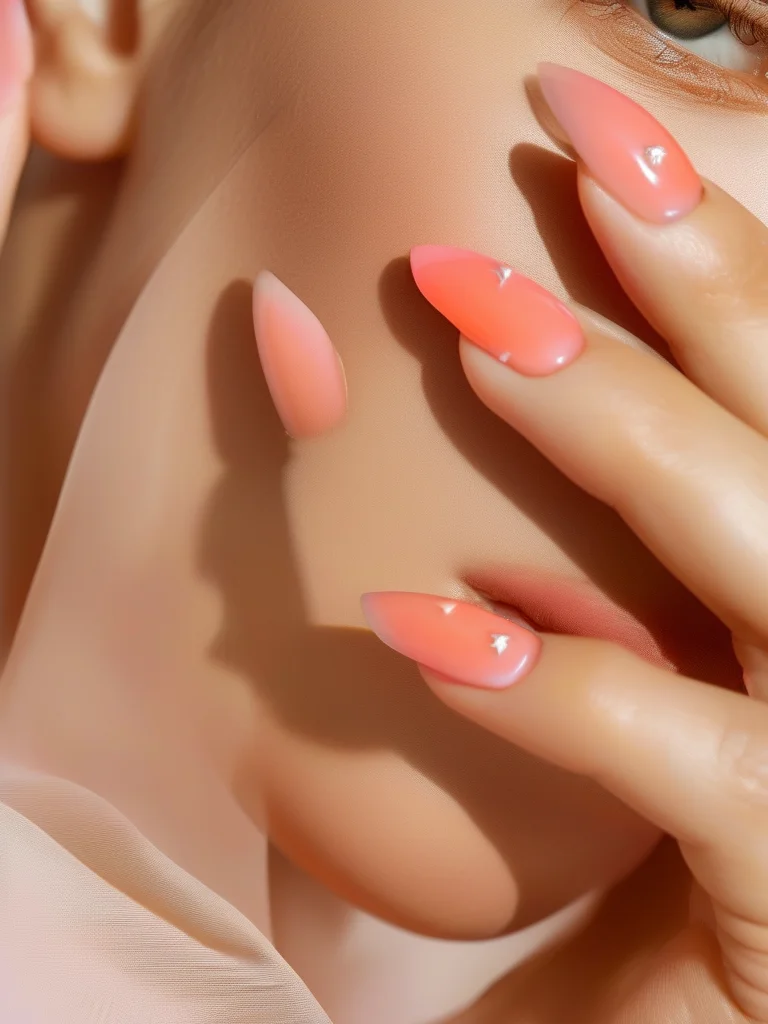 Glossy stiletto nails with a smooth ombre transition from sandy beige to vibrant coral pink, accented with tiny white dots.