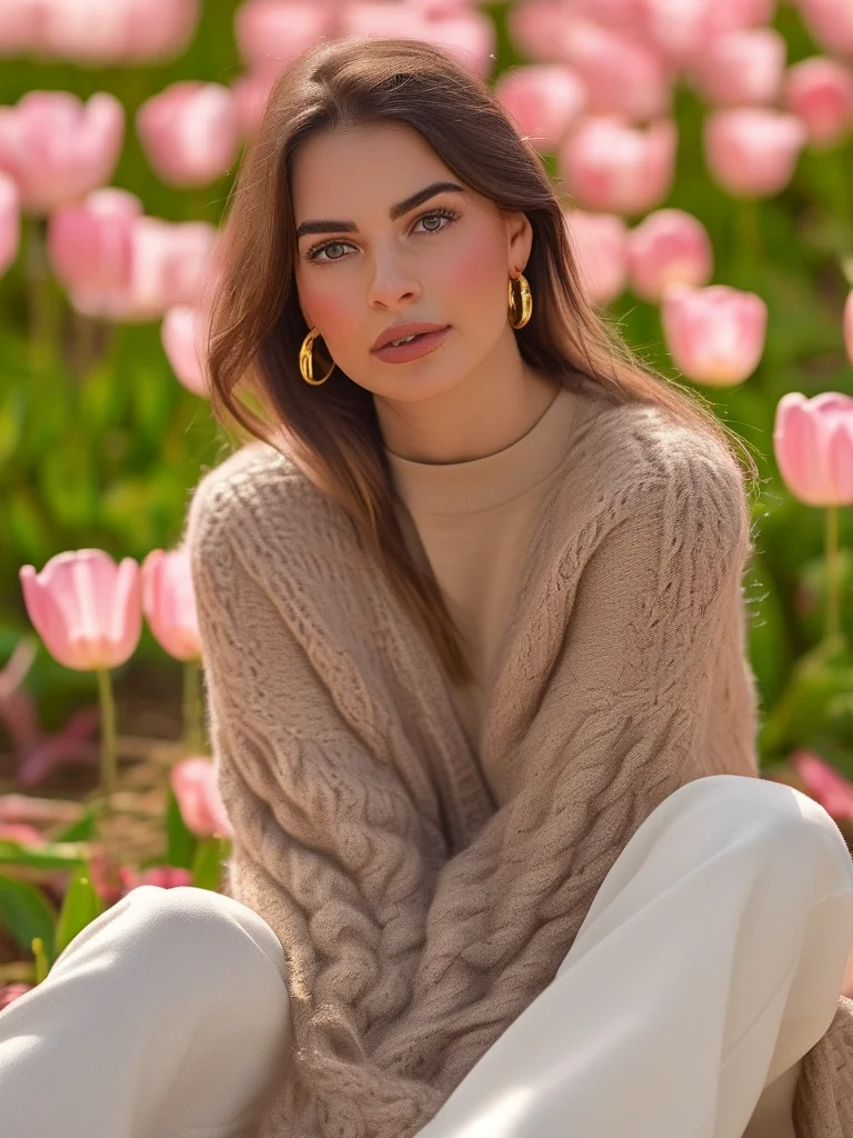 A woman models a comfortable beige knit sweater and wide-leg pants set as a stylish tulip farm outfit, paired with white sneakers and hoop earrings, surrounded by pastel tulips.