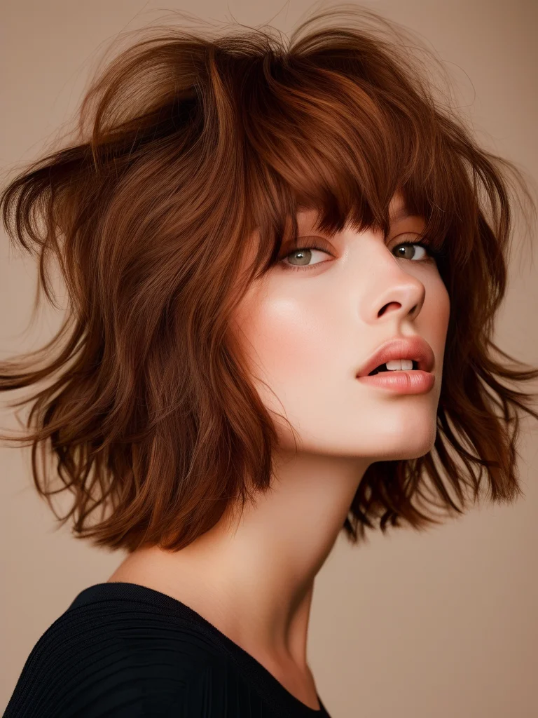 A woman with a voluminous shaggy bob haircut in a rich auburn color, styled with lift and fullness.