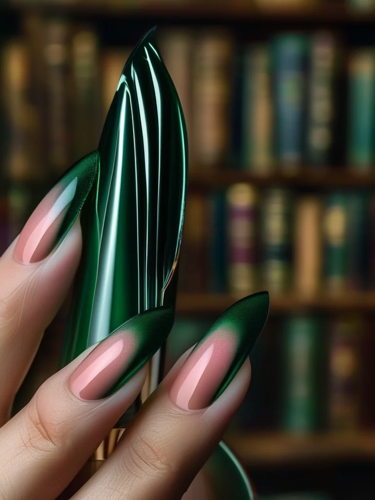 15+ Chic Back to School Nail Art Ideas for a Stylish Return 6 Close-up of long, glossy stiletto nails featuring a seamless vertical ombre from deep forest green at the cuticle to dusty rose pink at the tips, inspired by luxurious library aesthetics.
