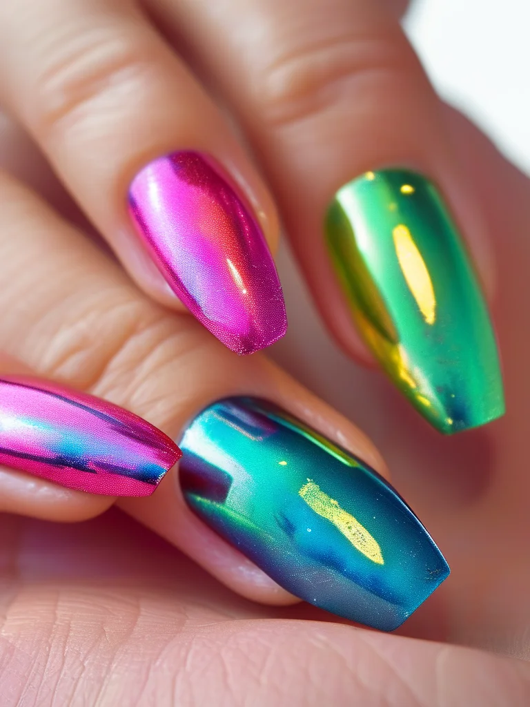 25+ Enchanting Korean Nail Art Ideas to Elevate Your Manicure Game 6 Stiletto nails boast a vibrant, multi-colored holographic chrome finish that shimmers with pink, blue, and green hues under dynamic lighting. One accent nail is smooth chrome, while others have a subtle textured chrome.