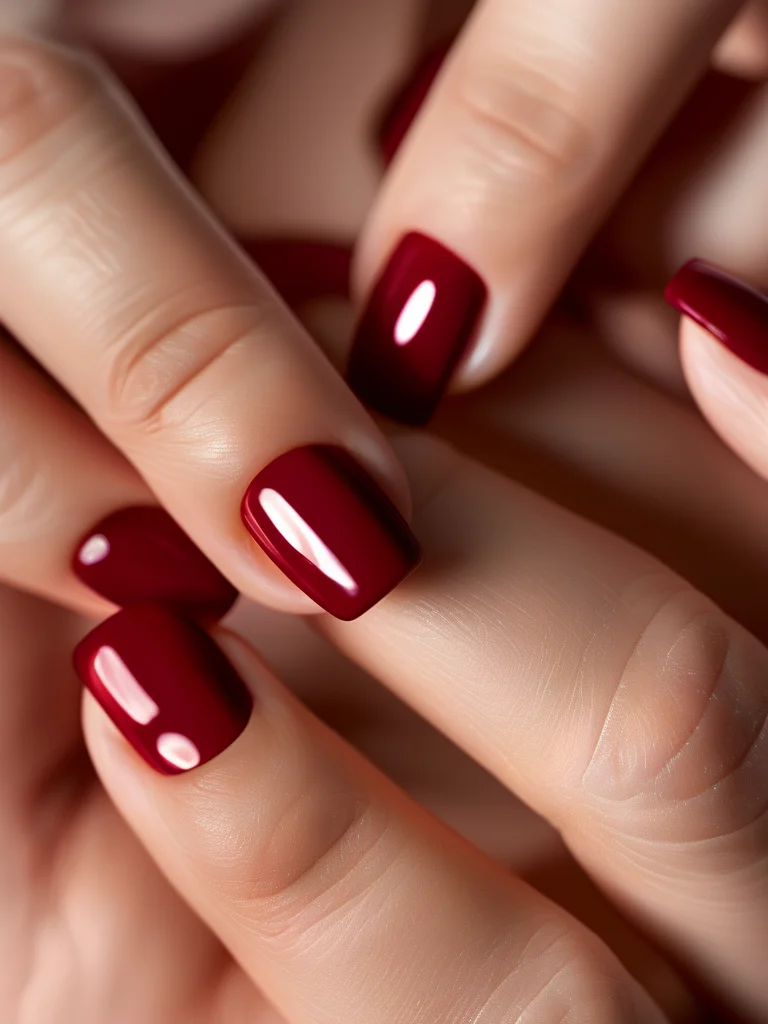 Short, glossy burgundy square nails with a sophisticated nude half-moon detail at the base of each nail, offering a stylish retro vibe.